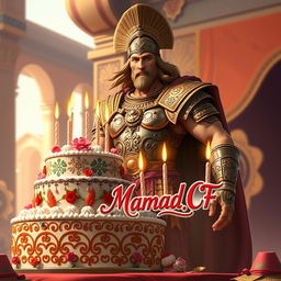 A majestic Achaemenid warrior celebrating his birthday, standing proud in ornate Persian armor, surrounded by a vibrant birthday scene
