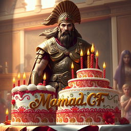 A majestic Achaemenid warrior celebrating his birthday, standing proud in ornate Persian armor, surrounded by a vibrant birthday scene