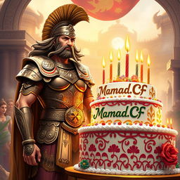 A majestic Achaemenid warrior celebrating his birthday, standing proud in ornate Persian armor, surrounded by a vibrant birthday scene