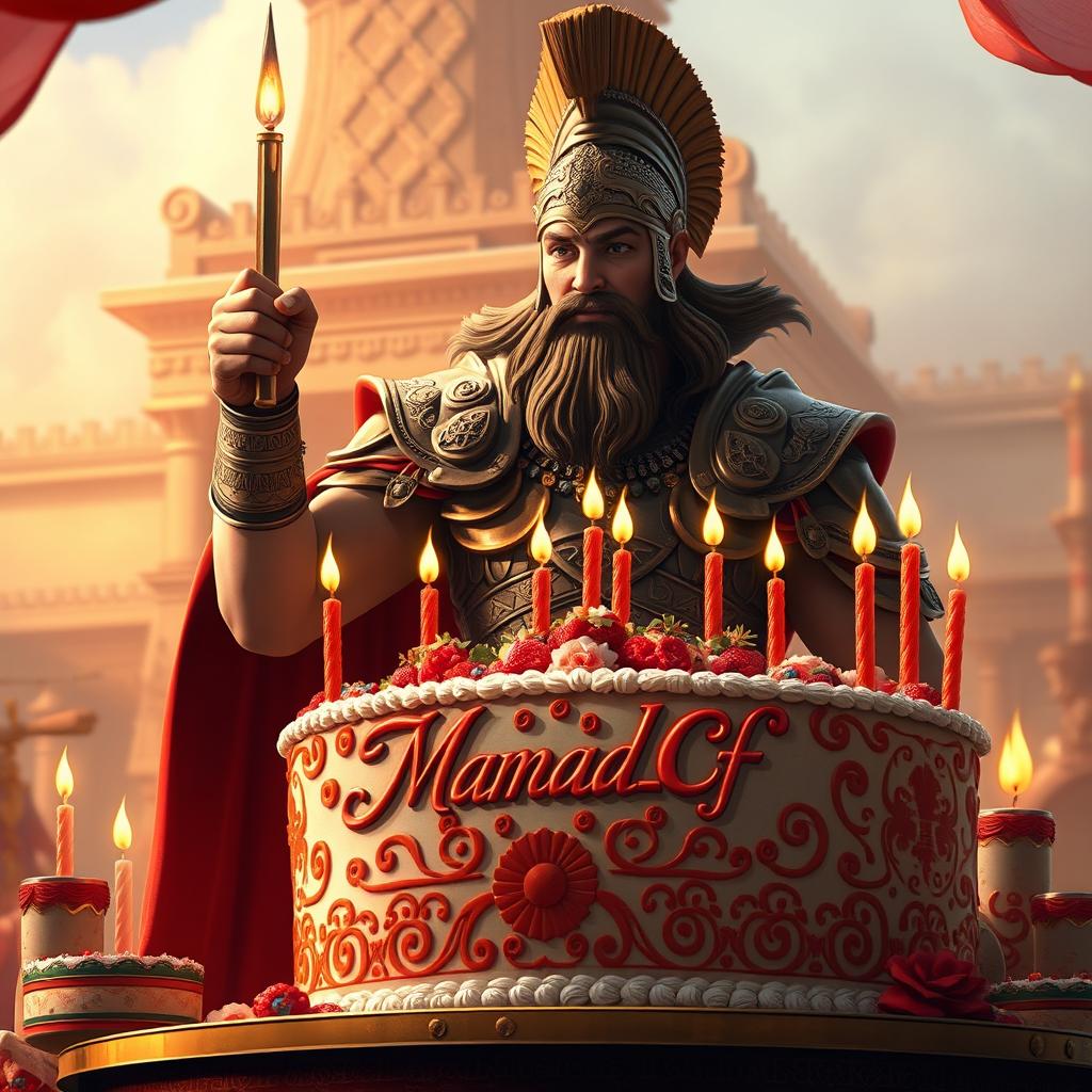 A majestic Achaemenid warrior celebrating his birthday, standing proud in ornate Persian armor, surrounded by a vibrant birthday scene
