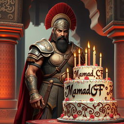 A powerful Achaemenid warrior celebrating his birthday, dressed in elaborate Persian armor with intricate details