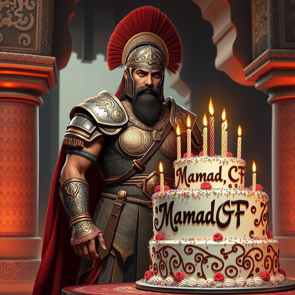 A powerful Achaemenid warrior celebrating his birthday, dressed in elaborate Persian armor with intricate details