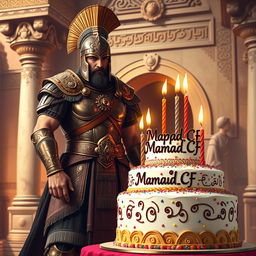 A powerful Achaemenid warrior celebrating his birthday, dressed in elaborate Persian armor with intricate details