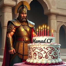 A powerful Achaemenid warrior celebrating his birthday, dressed in elaborate Persian armor with intricate details