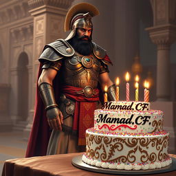 A powerful Achaemenid warrior celebrating his birthday, dressed in elaborate Persian armor with intricate details