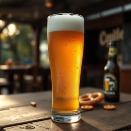 A refreshing, frosty glass of golden beer, with condensation on the surface, sitting on a rustic wooden table