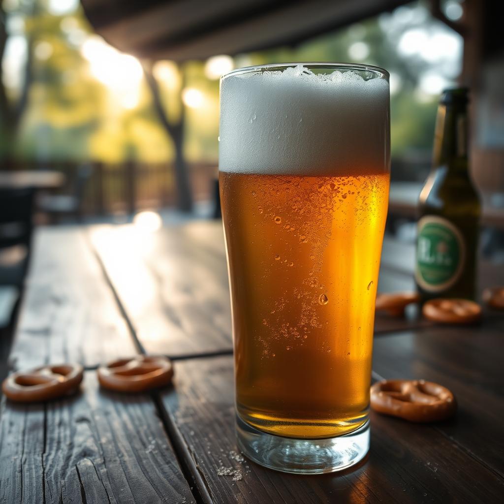 A refreshing, frosty glass of golden beer, with condensation on the surface, sitting on a rustic wooden table