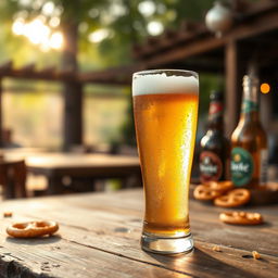 A refreshing, frosty glass of golden beer, with condensation on the surface, sitting on a rustic wooden table