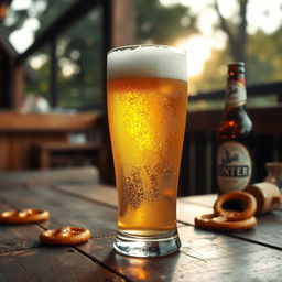 A refreshing, frosty glass of golden beer, with condensation on the surface, sitting on a rustic wooden table