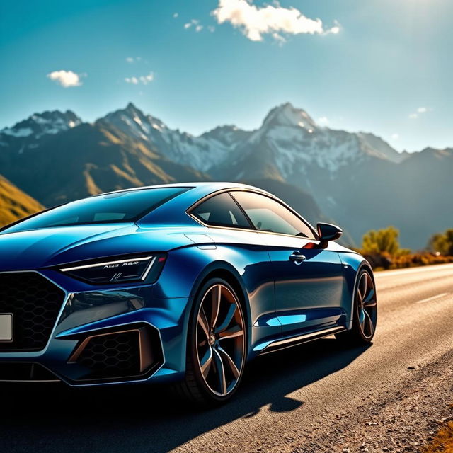 A detailed and dynamic depiction of an Audi RS4 parked on a picturesque mountain road