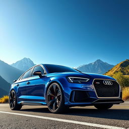 A detailed and dynamic depiction of an Audi RS4 parked on a picturesque mountain road