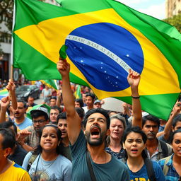 A scene of Brazilian people gathered on a busy street expressing their frustration, passionately waving the Brazilian flag