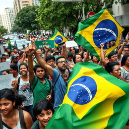 A scene of Brazilian people gathered on a busy street expressing their frustration, passionately waving the Brazilian flag