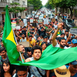 A scene of Brazilian people gathered on a busy street expressing their frustration, passionately waving the Brazilian flag