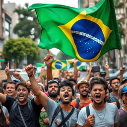 A scene of Brazilian people gathered on a busy street expressing their frustration, passionately waving the Brazilian flag