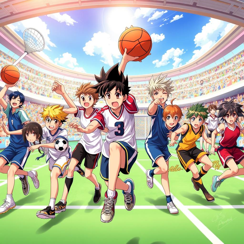 A vibrant illustration of anime sports characters engaged in various athletic activities, showcasing a dynamic range of sports like basketball, soccer, swimming, and martial arts