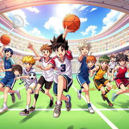 A vibrant illustration of anime sports characters engaged in various athletic activities, showcasing a dynamic range of sports like basketball, soccer, swimming, and martial arts