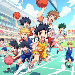 A vibrant illustration of anime sports characters engaged in various athletic activities, showcasing a dynamic range of sports like basketball, soccer, swimming, and martial arts