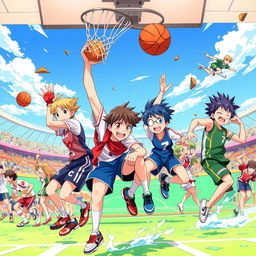 A vibrant illustration of anime sports characters engaged in various athletic activities, showcasing a dynamic range of sports like basketball, soccer, swimming, and martial arts