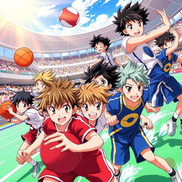 A vibrant illustration of anime sports characters engaged in various athletic activities, showcasing a dynamic range of sports like basketball, soccer, swimming, and martial arts