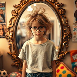 A teenage girl standing in front of a large, ornate mirror, her hair tousled and messy, wearing oversized, trendy glasses