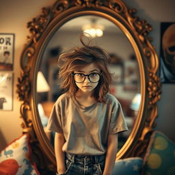 A teenage girl standing in front of a large, ornate mirror, her hair tousled and messy, wearing oversized, trendy glasses