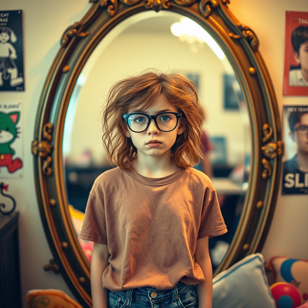 A teenage girl standing in front of a large, ornate mirror, her hair tousled and messy, wearing oversized, trendy glasses