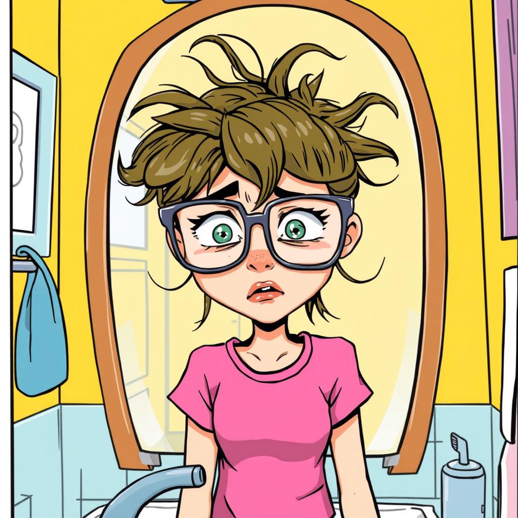 A comic-style illustration of a teenage girl standing in front of a bathroom mirror, her hair messy and unkempt