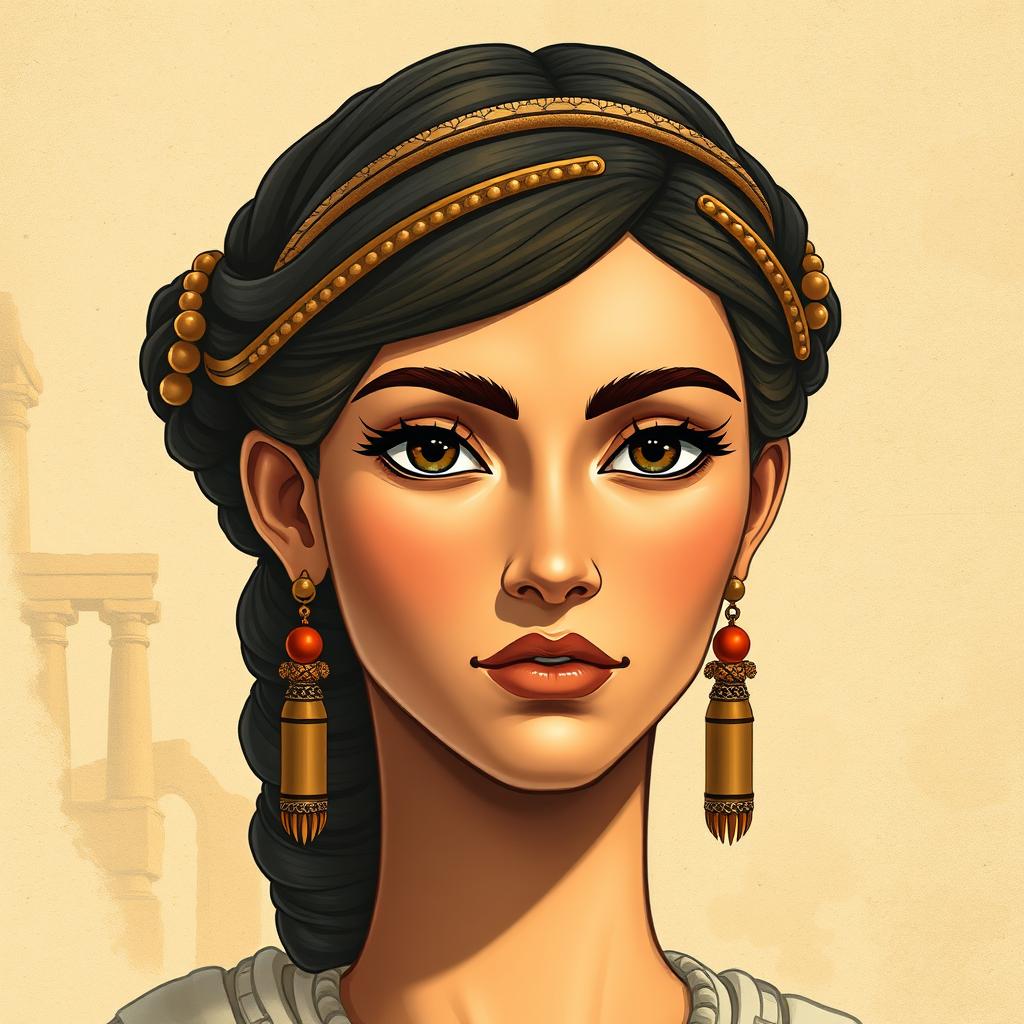 An archaeologically inspired, highly detailed illustration of a woman's face from the ancient Elamite period