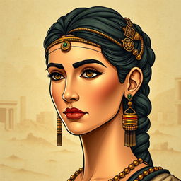 An archaeologically inspired, highly detailed illustration of a woman's face from the ancient Elamite period