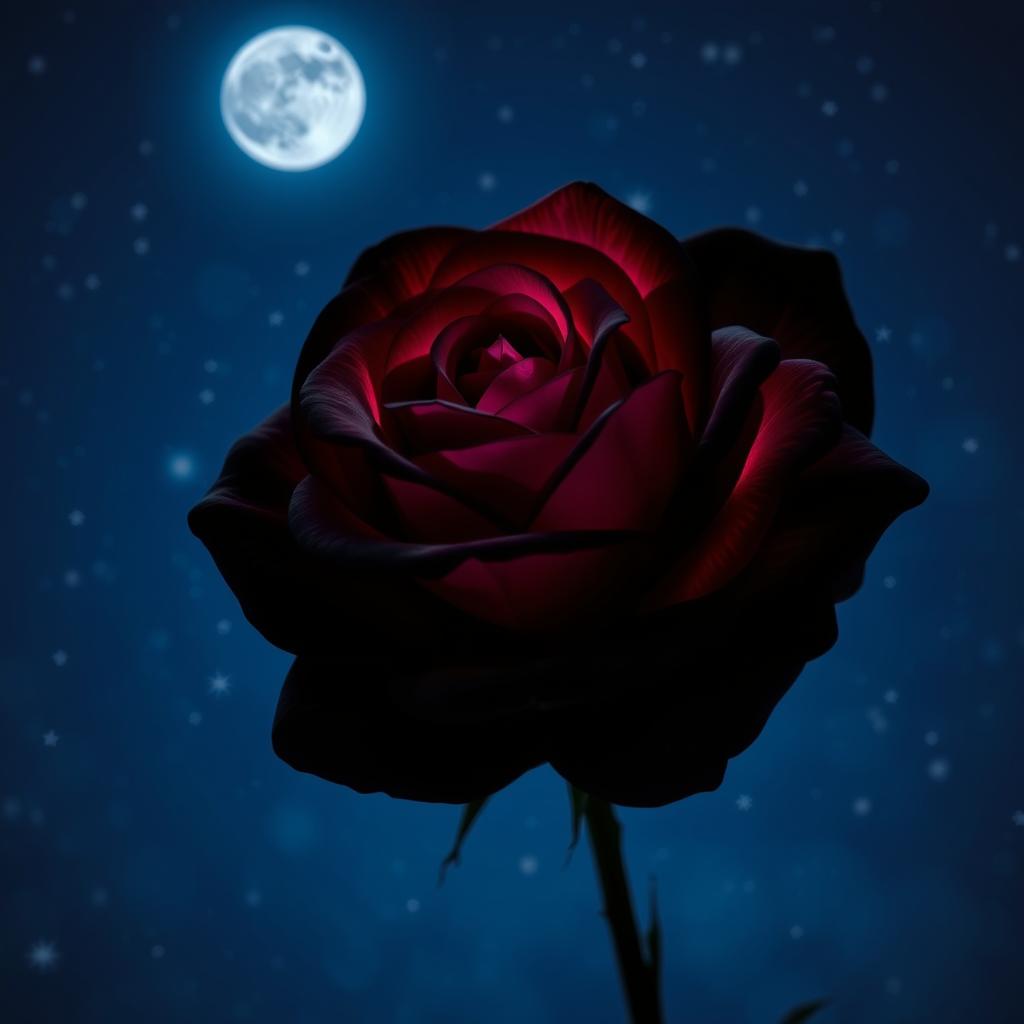 A beautiful black rose with rosy highlights, illuminated against a starlit night sky
