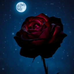 A beautiful black rose with rosy highlights, illuminated against a starlit night sky