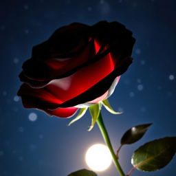 A beautiful black rose with rosy highlights, illuminated against a starlit night sky
