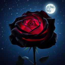 A beautiful black rose with rosy highlights, illuminated against a starlit night sky
