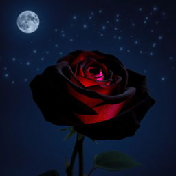 A beautiful black rose with rosy highlights, illuminated against a starlit night sky
