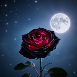 A beautiful black rose with fuchsia pink highlights, set against a starry night sky