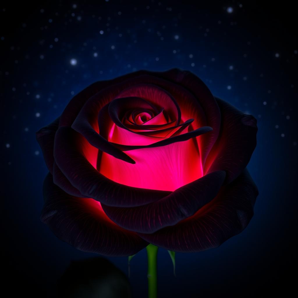 A beautiful black rose with fuchsia pink highlights, set against a starry night sky