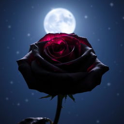 A beautiful black rose with fuchsia pink highlights, set against a starry night sky