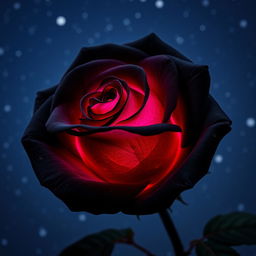 A beautiful black rose with fuchsia pink highlights, set against a starry night sky