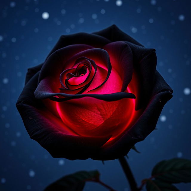 A beautiful black rose with fuchsia pink highlights, set against a starry night sky
