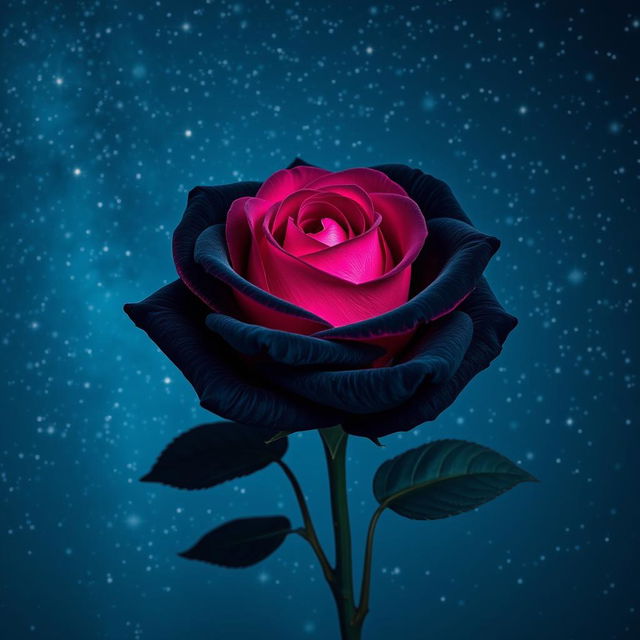 A beautiful black rose with fuchsia pink highlights, blooming under a starry night sky