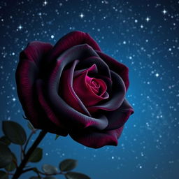 A beautiful black rose with fuchsia pink highlights, blooming under a starry night sky