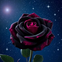 A beautiful black rose with fuchsia pink highlights, blooming under a starry night sky