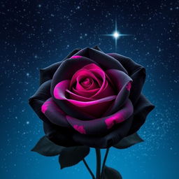 A beautiful black rose with fuchsia pink highlights, blooming under a starry night sky