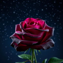 A beautiful black rose with fuchsia pink highlights, blooming under a starry night sky