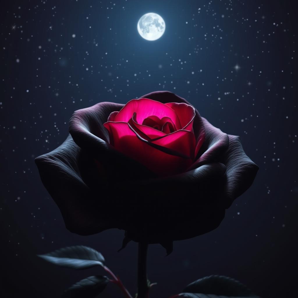 A beautiful black rose with fuchsia pink highlights, blooming under a starry night sky