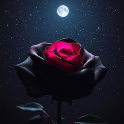 A beautiful black rose with fuchsia pink highlights, blooming under a starry night sky