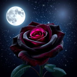 A beautiful black rose with fuchsia pink highlights, blooming under a starry night sky