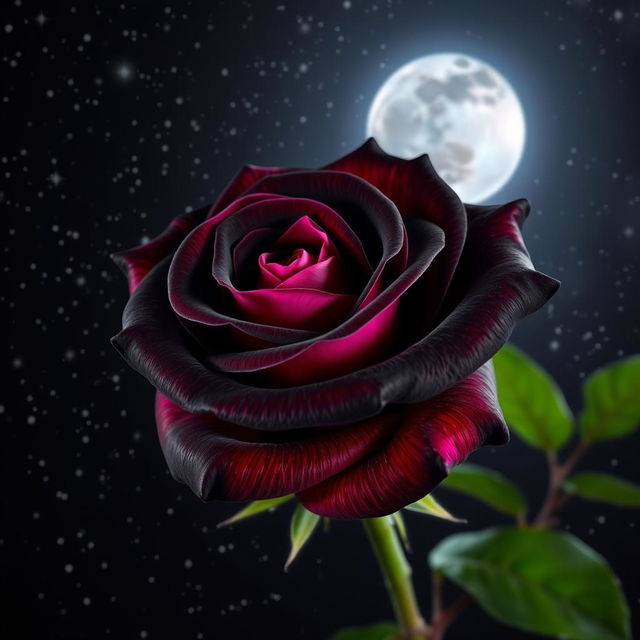 A beautiful black rose with fuchsia pink highlights, blooming under a starry night sky