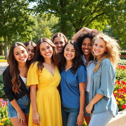 A joyful group of friends smiling and posing together in a vibrant outdoor setting, surrounded by lush green trees and colorful flowers